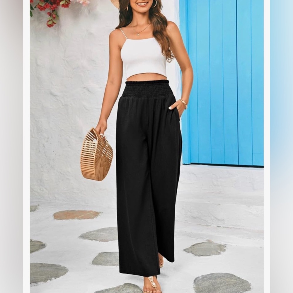 Women’s Black Wide-Leg Smocked Waist Pants